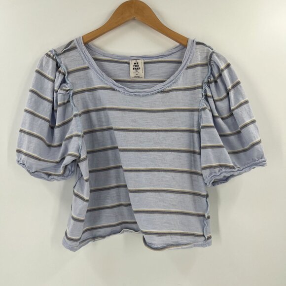 Free People S/P We The Free Stripe Crop Top Raw Seam Puff Sleeve Boho Tee - Picture 8 of 11